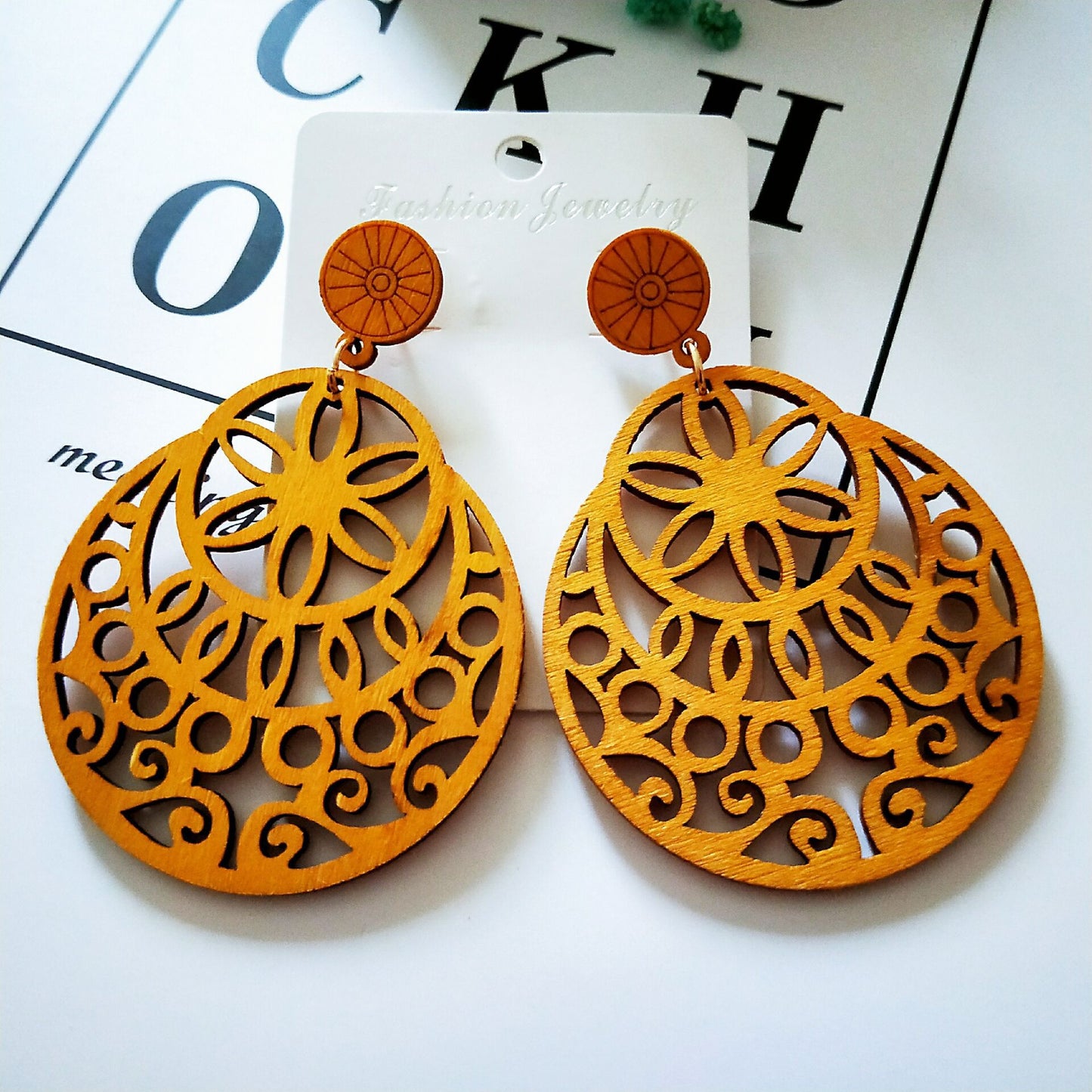 Wooden Colored Hollow Geometric Earrings Ethnic Style